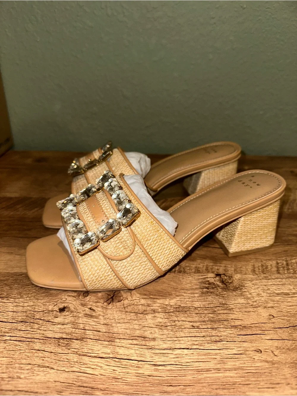 a new day Beige Woven Block Heel Mules with Crystal Buckles - Picture 1 of 8